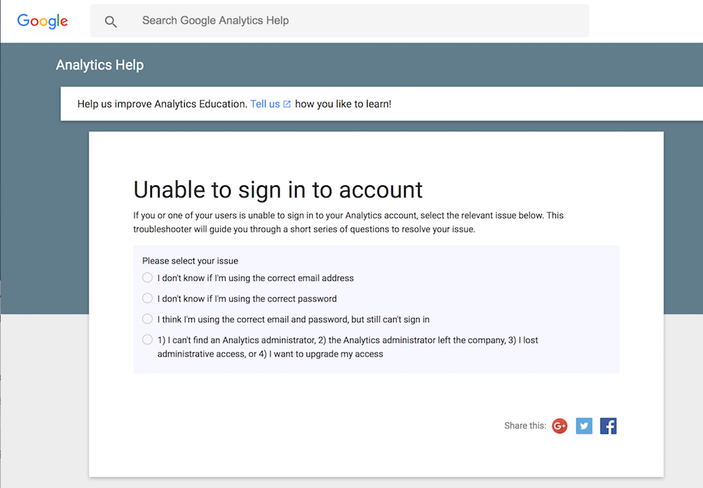 Google Analytics unable to sign in to account