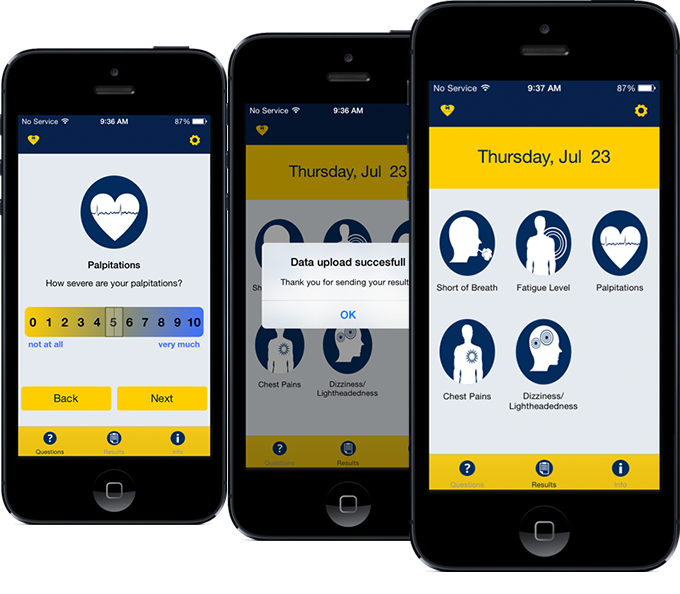 Cardiac Atrial Fibrillation (CAF) app screens