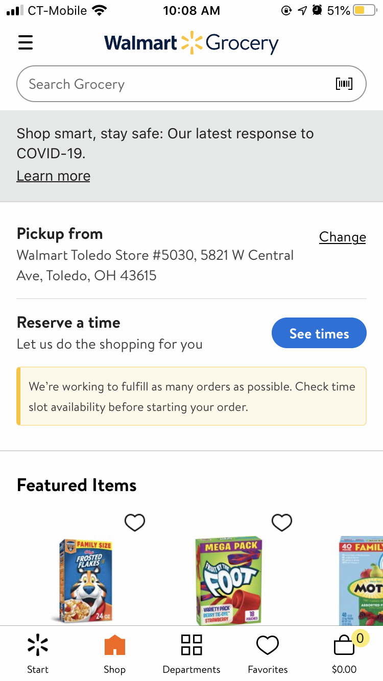 Walmart Grocery app with a COVID-19 banner
