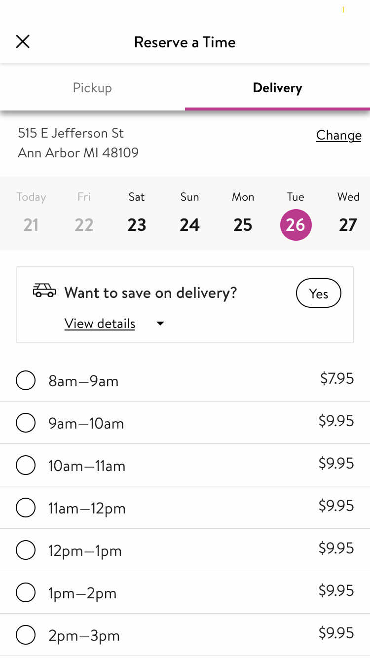 Walmart shows delivery fees for each delivery time slot.
