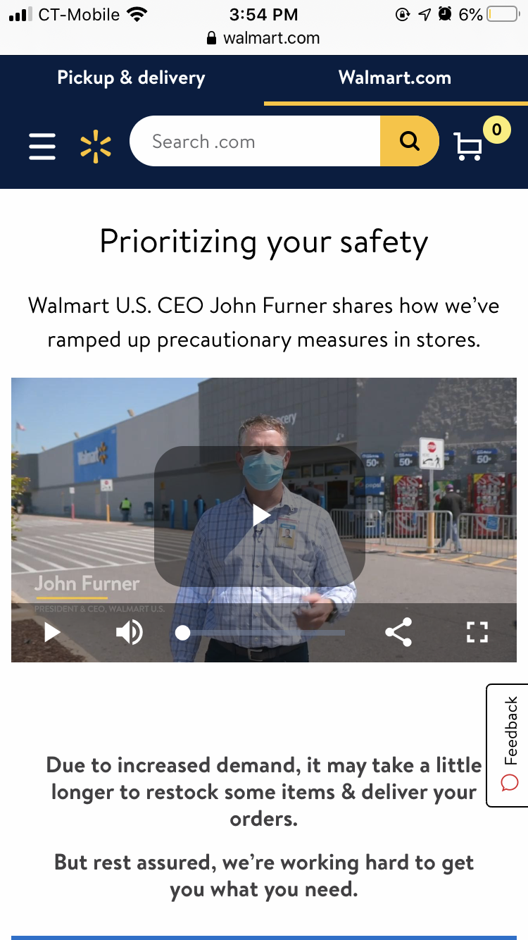 Walmart Grocery app with a COVID-19 safety notice